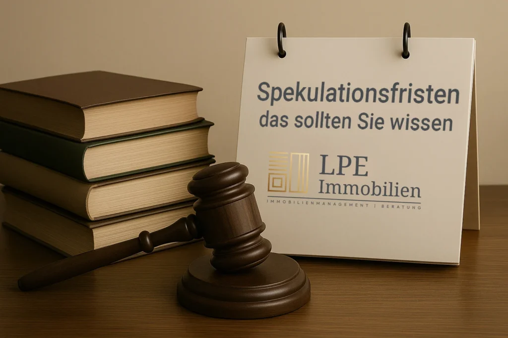 Tisch mit Gesetzesbüchern, Richterhammer und Aufsteller „Spekulationsfristen – das sollten Sie wissen“ mit LPE Immobilien Logo.