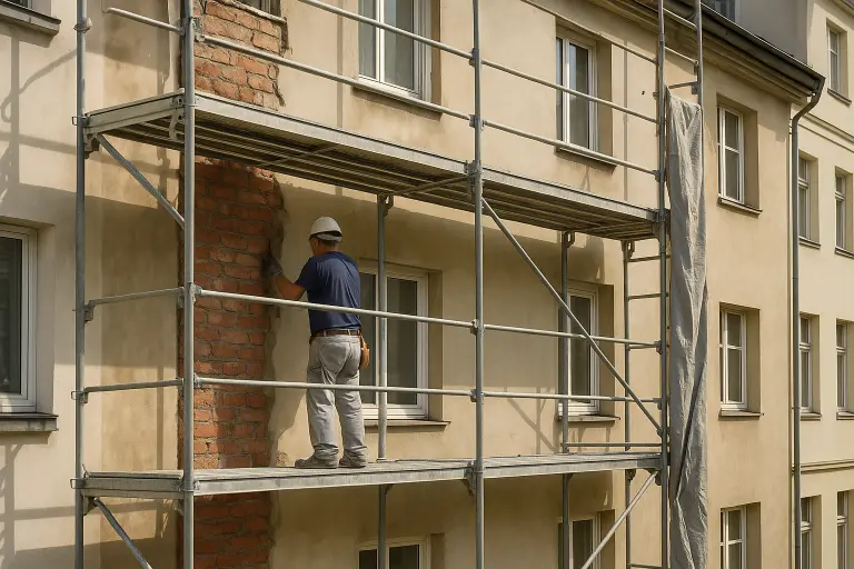 Arbeiter saniert Außenfassade eines Mehrfamilienhauses auf einem Baugerüst – WEG-Sanierung in der Praxis