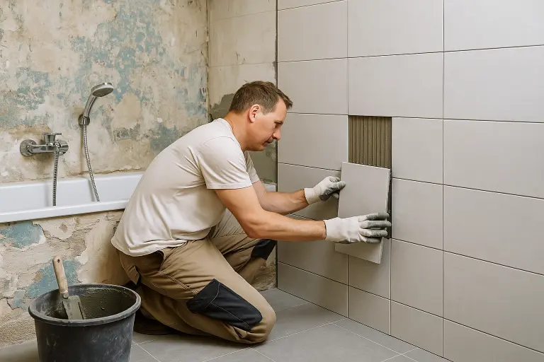 Ein Handwerker kniet in einem Badezimmer und setzt eine graue Fliese präzise in eine Wand ein. Der Bereich um ihn herum zeigt eine teils sanierte Wand mit freigelegtem Putz und eine moderne Badewanne.