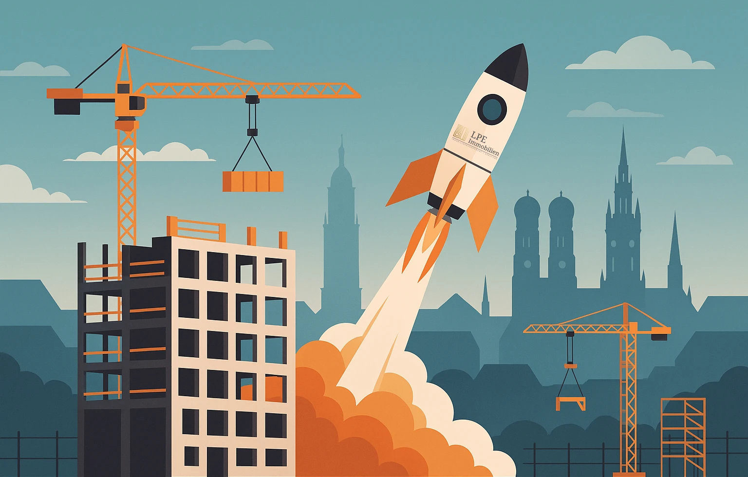 Illustration einer Baustelle mit Raketenstart vor der Skyline von München, sinnbildlich für das Gesetzespaket zur Wohnbau-Beschleunigung