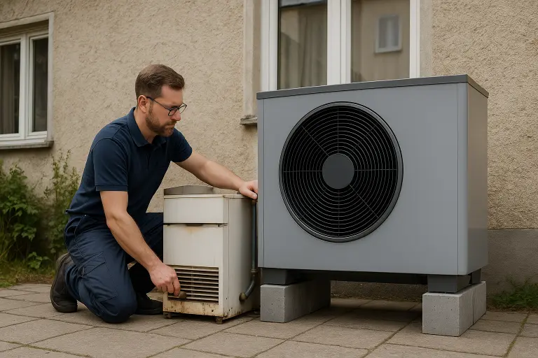 Ein Handwerker installiert im Außenbereich einer Bestandsimmobilie eine moderne Wärmepumpe neben einem alten, rostigen Heizgerät.