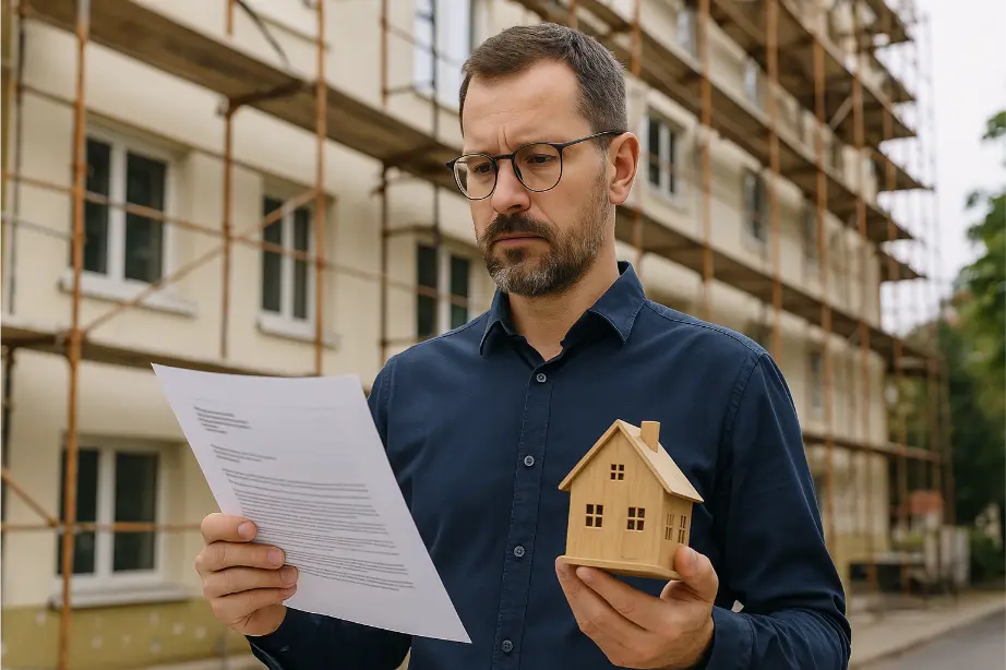 Ein Mann steht vor einem sanierten Wohnhaus mit Baugerüst, hält ein Holzhaus-Modell und ein Schriftstück in der Hand und blickt konzentriert darauf.