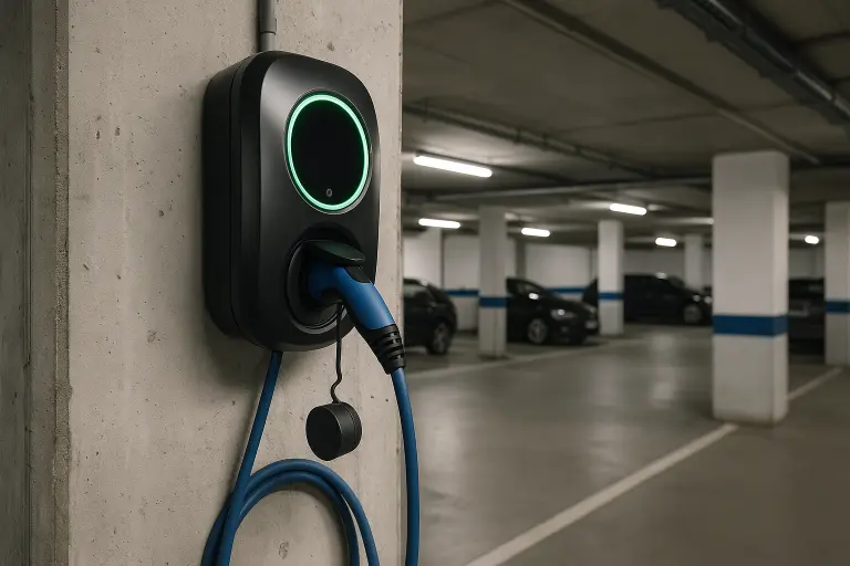 Wallbox mit angeschlossenem Ladekabel an einer Betonsäule in einer beleuchteten Tiefgarage mit geparkten Autos.