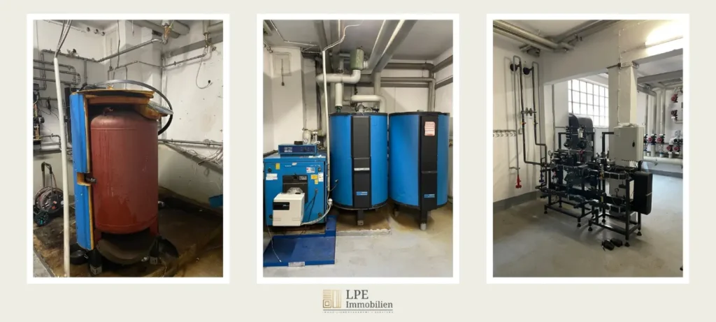 Drei Bilder aus einem Heizungskeller: veraltete Pufferspeicher, Gaskessel und Rohrsysteme – Zustand vor Umstellung auf moderne Fernwärmeversorgung