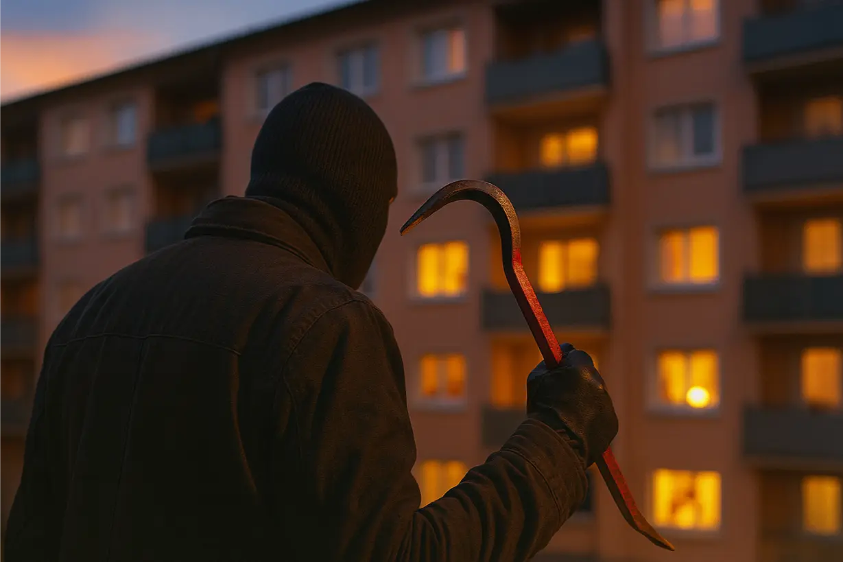 Ein vermummter Einbrecher mit Brecheisen vor einem beleuchteten Mehrfamilienhaus in der Abenddämmerung – Symbolbild für Einbruchschutz in Wohnungseigentümergemeinschaften (WEG)