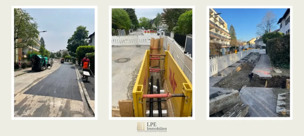 Drei Fotos einer Fernwärmebaustelle: aufgegrabene Gehwege, verlegte Rohre in Gräben mit Absperrungen und frisch asphaltierte Straße nach Fertigstellung der Anschlussarbeiten