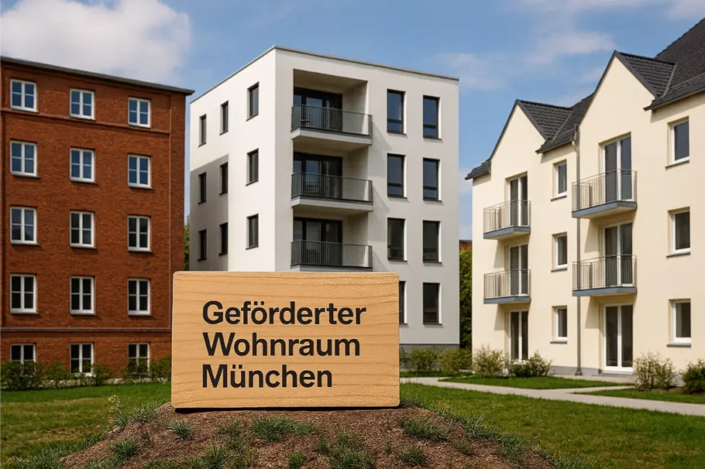 Drei moderne Wohngebäude in München mit Holzschild „Geförderter Wohnraum München“ im Vordergrund
