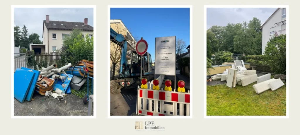 Ablageplatz mit ausgebauten Heizkesseln, Rohren und Wärmetauschern vor einem Wohnhaus – sichtbarer Rückbau einer alten Heizungsanlage im Rahmen der Umstellung auf Fernwärme