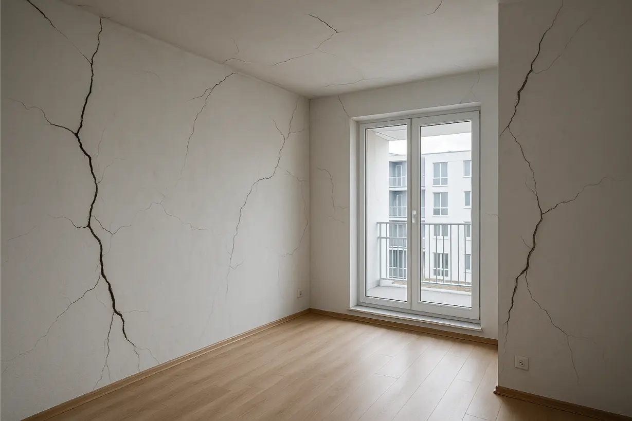 Spannungsrisse an den Wänden einer leerstehenden Neubauwohnung mit heller Holzoptik und großen Fenstern