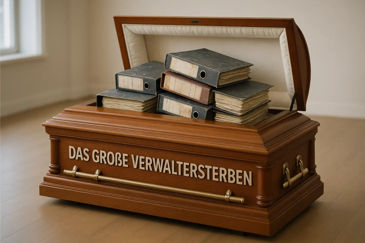 Offener Holzsarg in hellem Raum, gefüllt mit alten Aktenordnern – symbolisch für das Sterben der Hausverwaltungsbranche in Deutschland