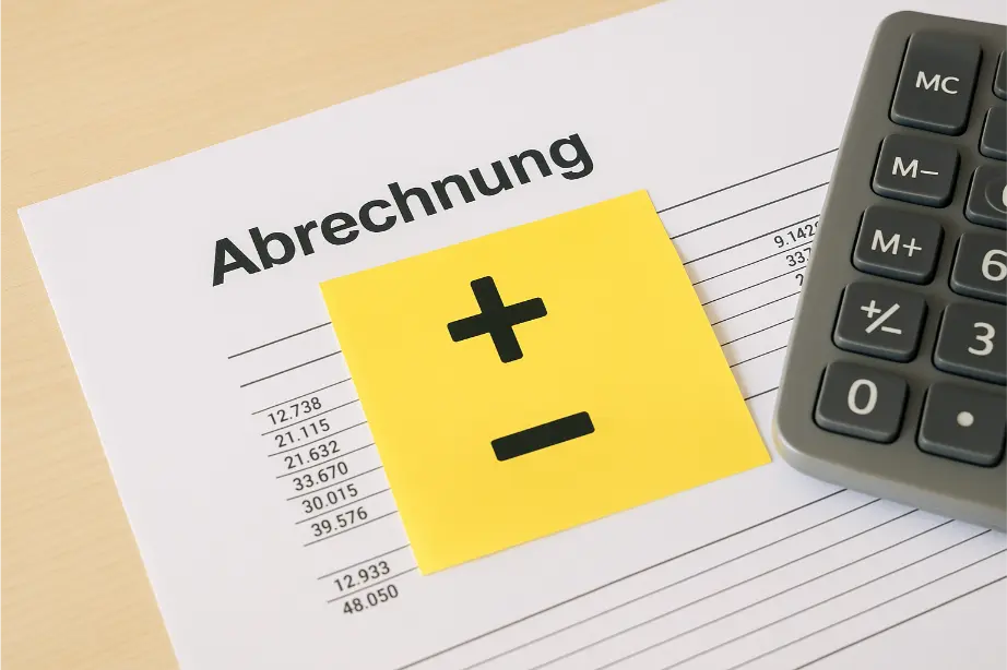Titelbild: Dokument mit der Überschrift ‚Abrechnung‘, Taschenrechner und gelber Zettel mit Plus- und Minuszeichen – symbolische Darstellung der Abrechnungsspitze in der WEG-Verwaltung