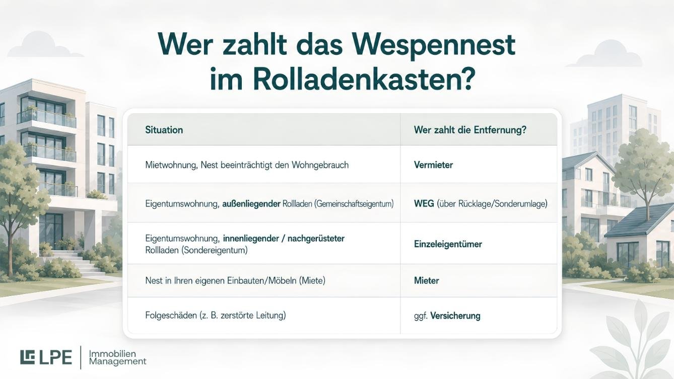 Infografik zur Kostenübernahme bei einem Wespennest im Rollladenkasten mit Übersicht zu Vermieter, WEG, Einzeleigentümer, Mieter und Versicherung.