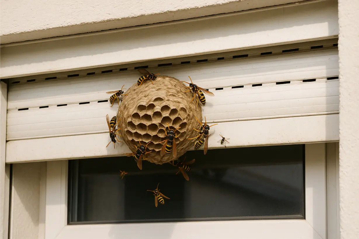 Ein Wespennest im Rollladenkasten einer Wohnung, mehrere Wespen umschwirren das Nest – Symbolbild für die Frage, wer die Kosten bei Befall trägt.