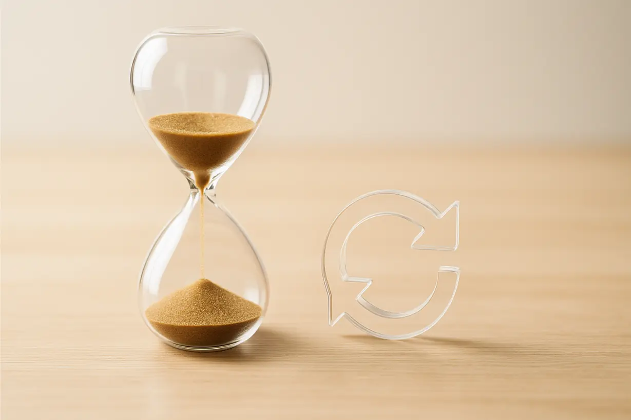 Gläserne Sanduhr mit fließendem Sand neben transparentem Refresh-Symbol auf hellem Holztisch – sinnbildlich für Zeitablauf und automatische Verlängerung