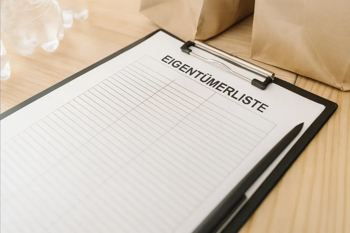 Eigentuemerliste auf Klemmbrett mit Stift