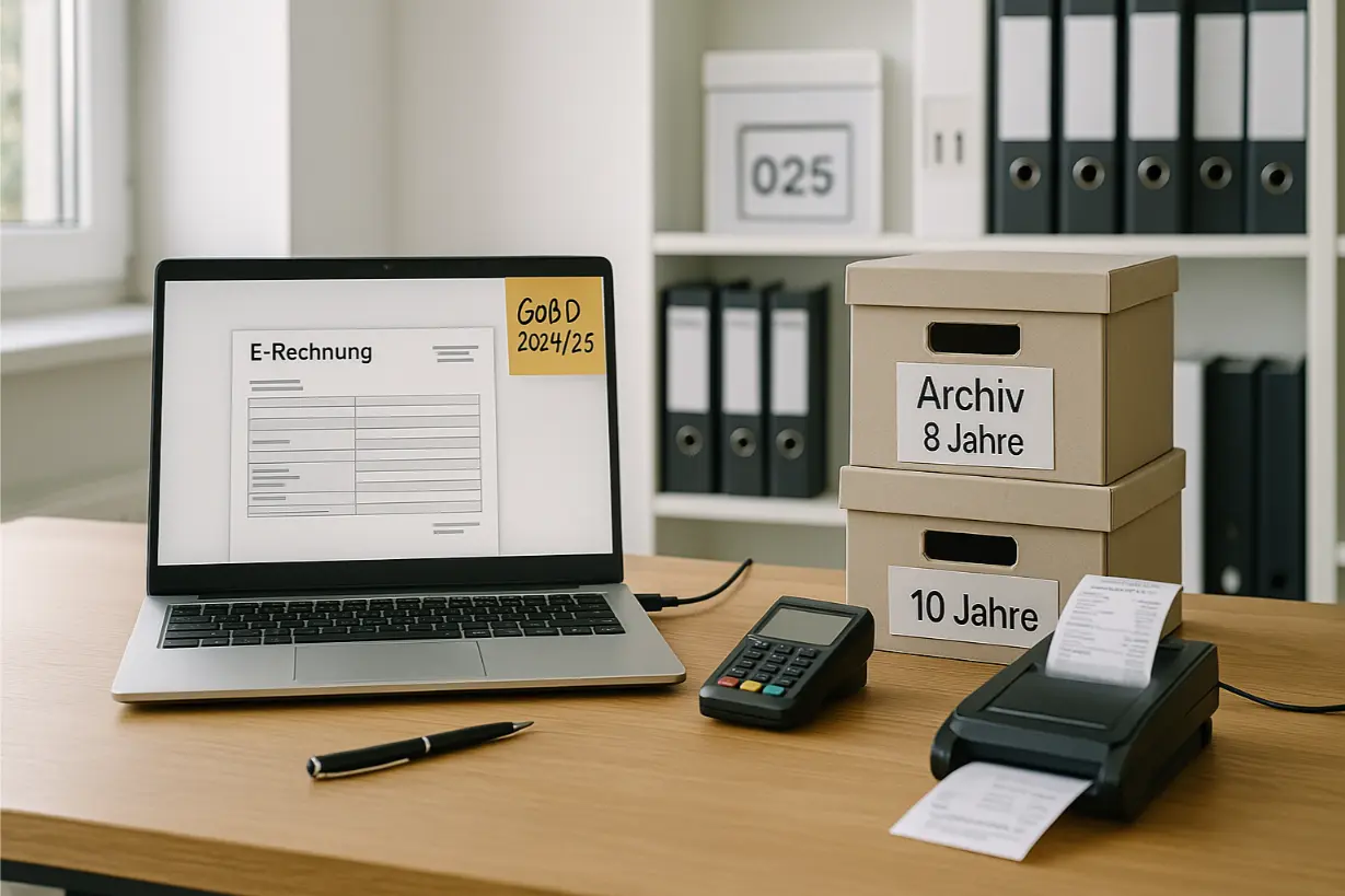 Helles Verwaltungsbüro mit Laptop ‚E-Rechnung‘, Haftnotiz ‚GoBD 2024/25‘, Belegscanner mit Ausdruck und Archivboxen ‚8 Jahre‘/‚10 Jahre‘ – Symbol für digitale Compliance
