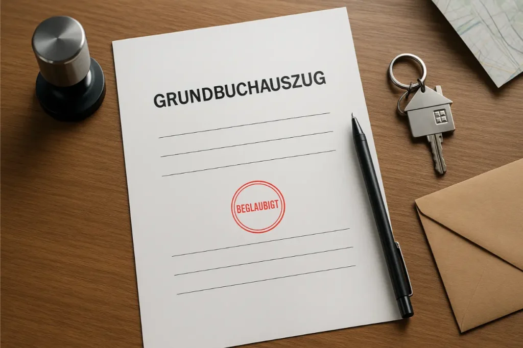 Beglaubigter Grundbuchauszug mit rotem Stempel, Notarstempel, Stift und Hausschlüssel als Flatlay auf Holztisch – Symbol für den offiziellen Antrag.