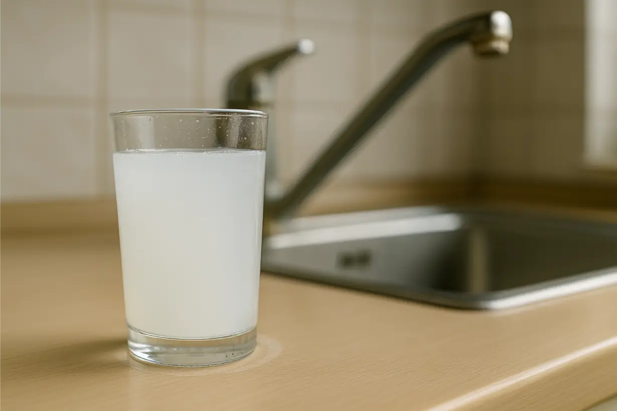 Trübes Wasserglas mit deutlichem weißem Kalkschleier auf heller Küchenarbeitsplatte; im Hintergrund unscharfe Edelstahlarmatur und Spülbecken.