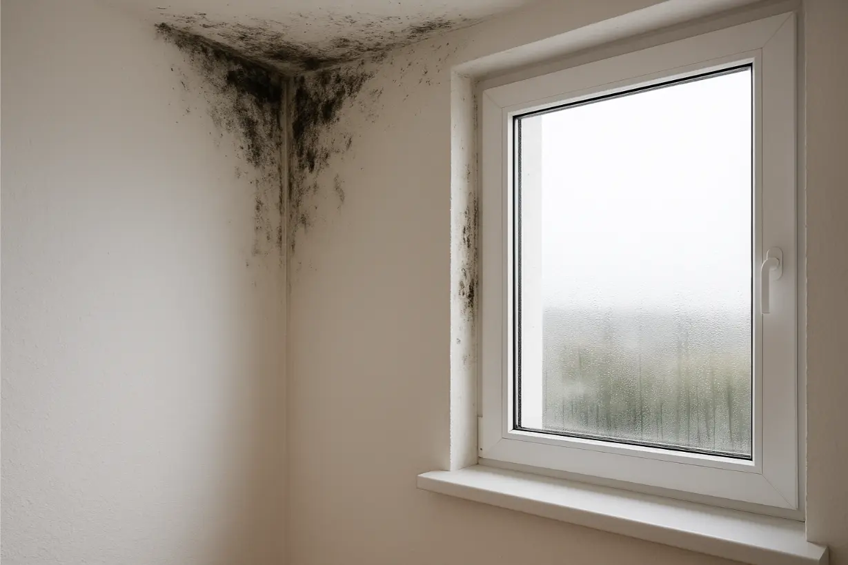 Helles Zimmereck einer Neubauwohnung mit weißem Kunststofffenster; Kondenswasser auf der Scheibe, schwarze Schimmelflecken an Laibung und Raumecke