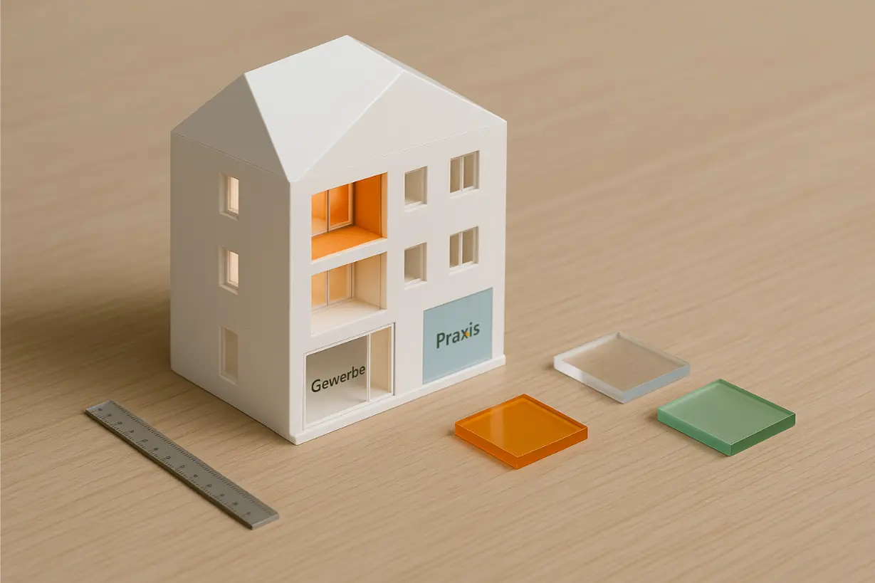 Foto eines Gebäudemodells: Obergeschoss-Wohnung warm markiert (Sondereigentum), Erdgeschossfläche mit Laden/Praxis als Teileigentum hervorgehoben; daneben transparente und farbige Acrylkacheln.