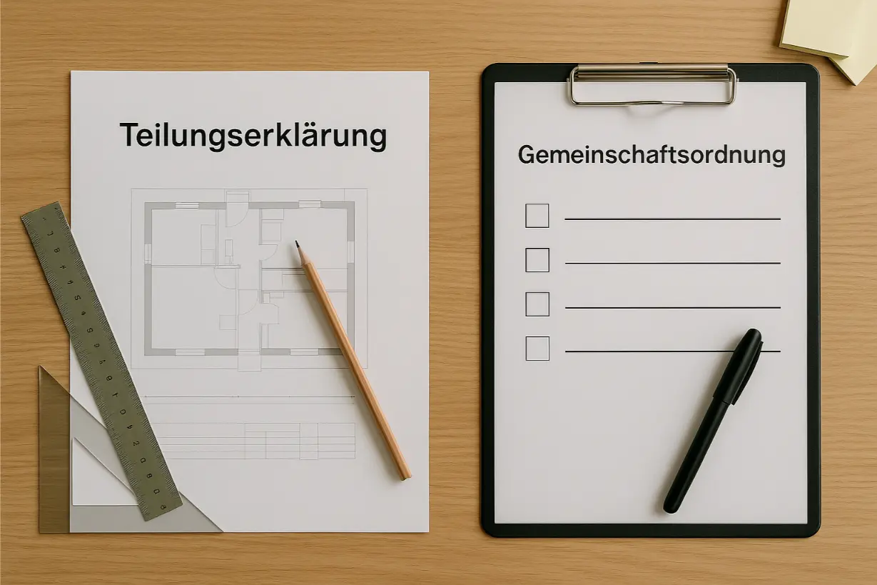 Top-Down-Ansicht auf Holztisch: links ‚Teilungserklärung‘ mit Aufteilungsplan, Metalllineal und Bleistift; rechts ‚Gemeinschaftsordnung‘ als leere Checkliste auf Klemmbrett mit Stift.