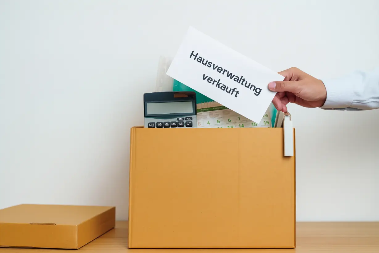 Ein Karton mit persönlichen Bürogegenständen, aus dem eine Hand einen weißen Umschlag mit der Aufschrift „Hausverwaltung verkauft“ herauszieht.
