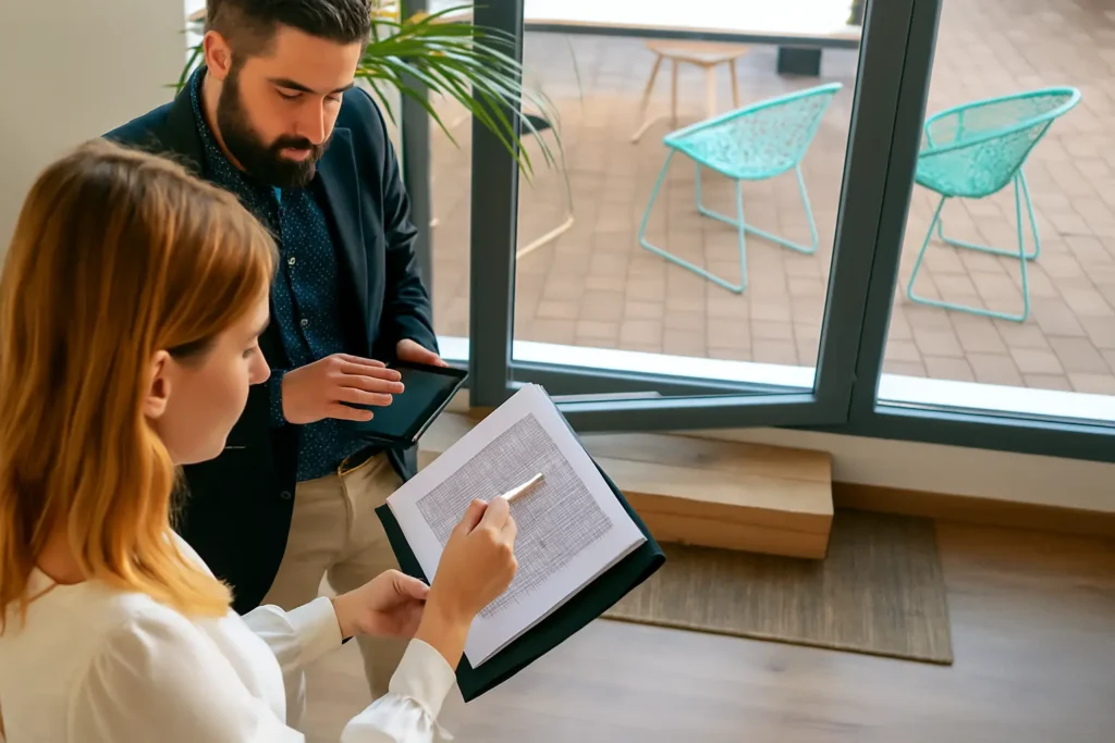 Zwei Personen prüfen gemeinsam ein Dokument mit Tabellen, Symbolbild für unterschriebene Übergabeprotokolle.