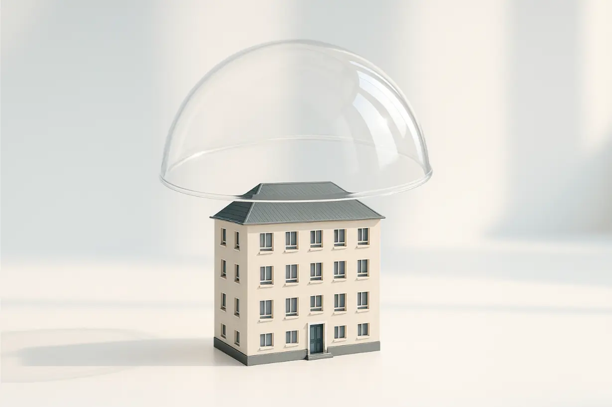 Helles Studiofoto: Eine transparente Acrylhaube ist vom Modell eines Mehrfamilienhauses abgehoben – Metapher für wegfallenden Versicherungsschutz.