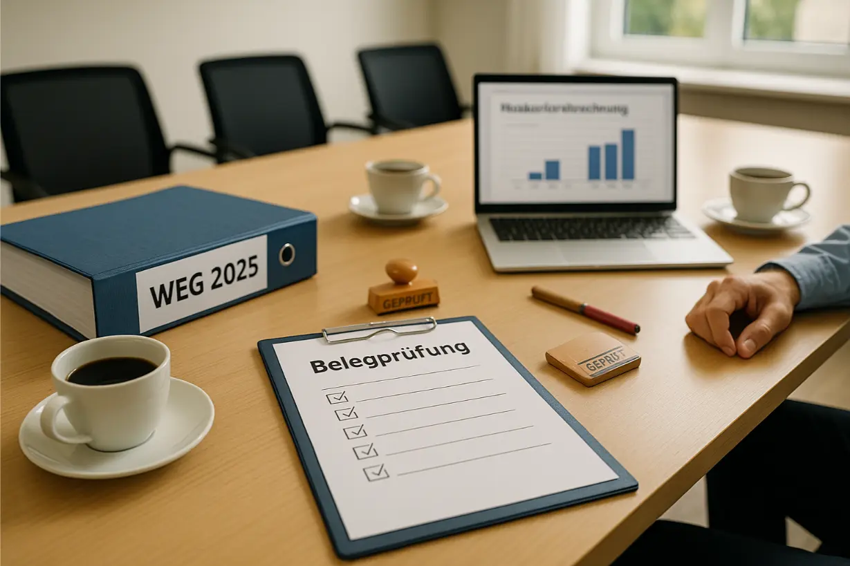 Helles Besprechungszimmer mit Ordner ‚WEG 2025‘, Checkliste ‚Belegprüfung‘, Stempel ‚Geprüft‘, Laptop mit Heizkostenübersicht und Kaffeetassen auf dem Tisch.
