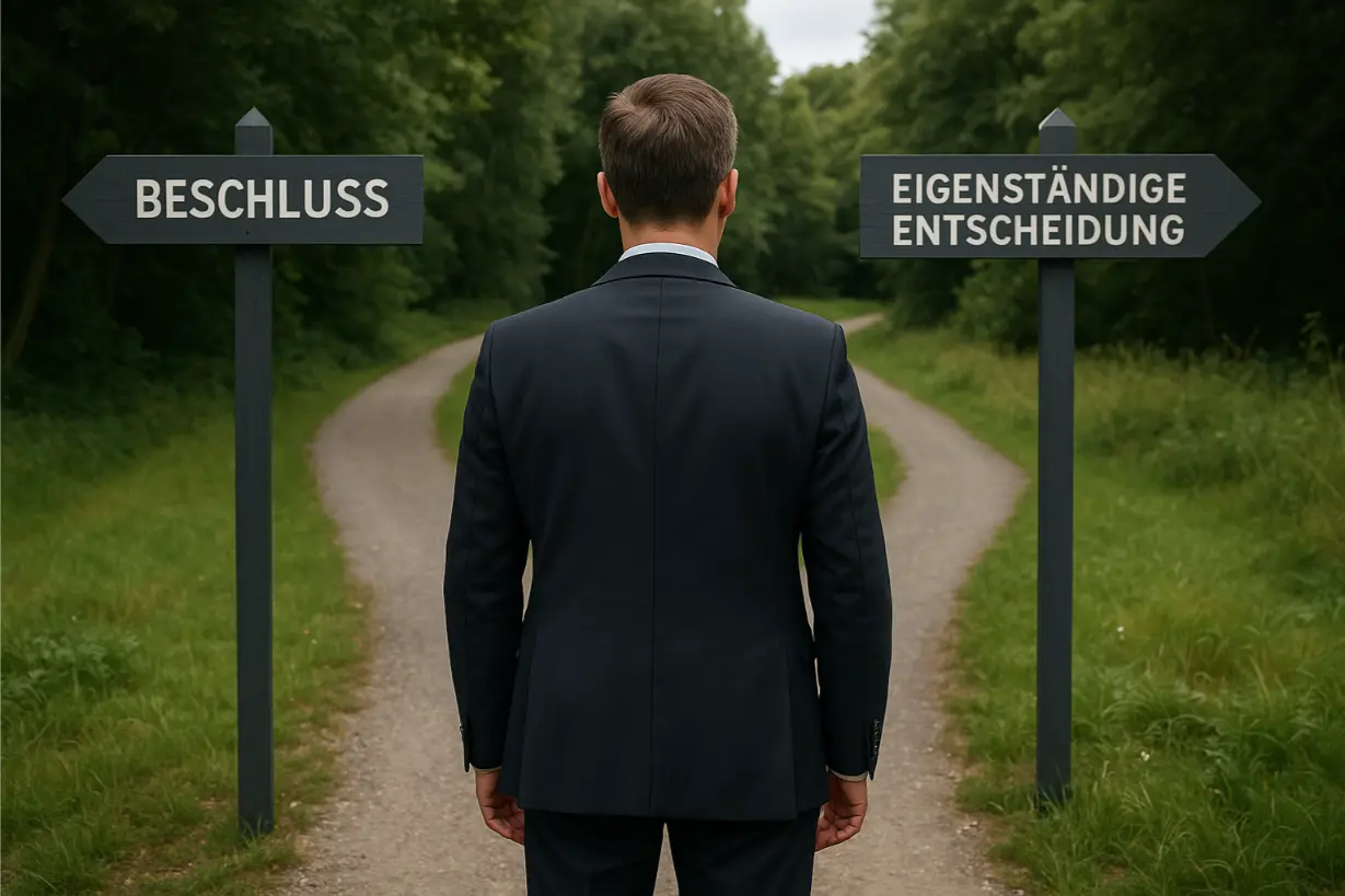 Ein Immobilienverwalter im Anzug steht vor einer Weggabelung mit zwei Schildern: links „Beschluss“, rechts „Eigenständige Entscheidung“. Symbolbild für die Entscheidungsbefugnisse des WEG-Verwalters.