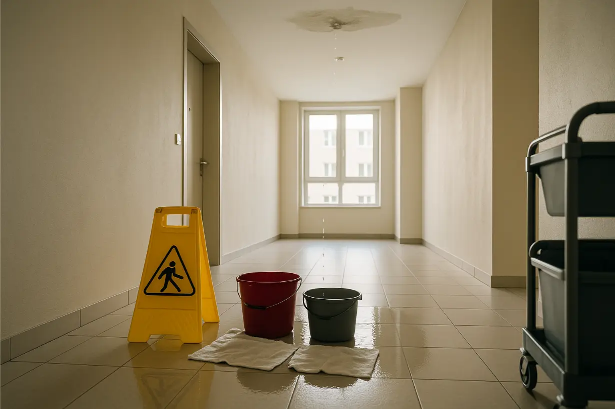 Heller Wohnungsflur eines Mehrfamilienhauses mit Deckenleck: Wasser tropft in zwei Eimer, gelbes Rutschwarnschild und Putzwagen stehen bereit.