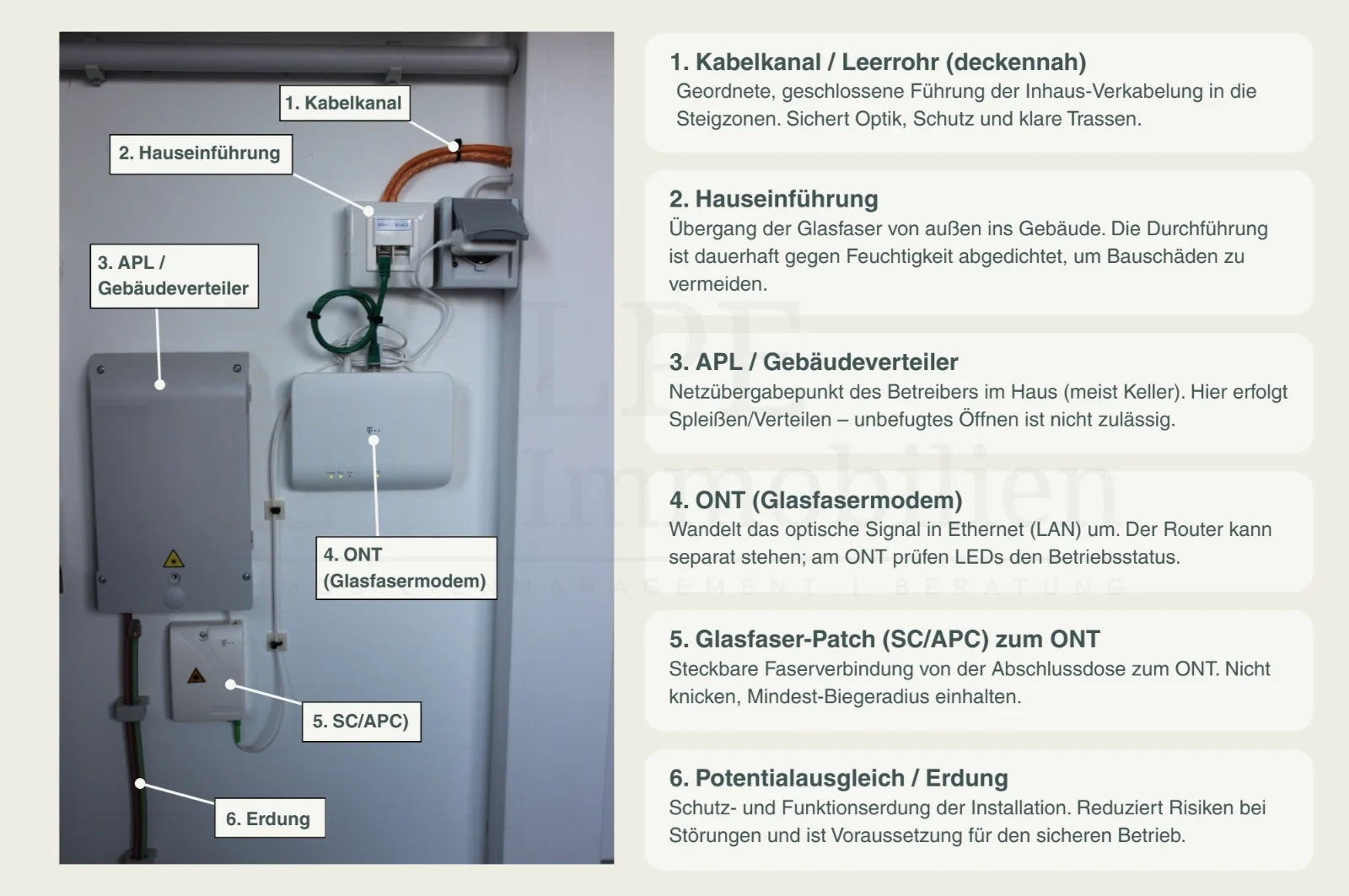 Infografik eines Keller-Hausanschlusses mit Labels: deckennaher Kabelkanal, abgedichtete Hauseinführung, APL/Verteiler, ONT, SC/APC-Patch, Potentialausgleich.