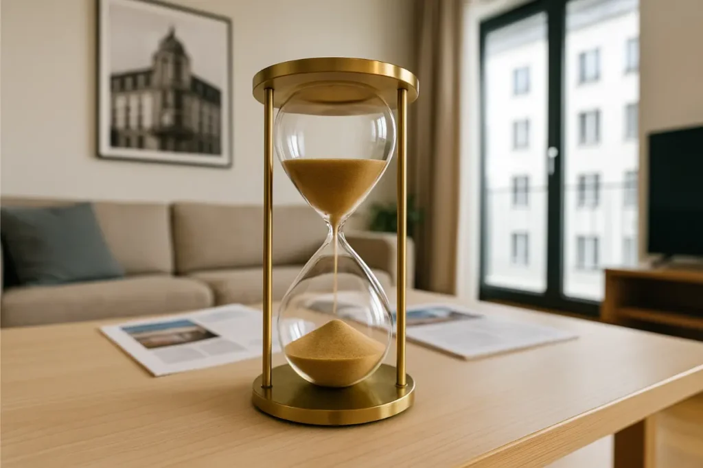Eine goldene Sanduhr steht auf einem Holztisch in einer modern möblierten Münchner Wohnung. Im Hintergrund sind Sofa, Fenster und Wohnhäuser zu sehen. Symbolbild für zeitlich befristete Vermietung und die richtige Balance zwischen Rendite und Rechtssicherheit.