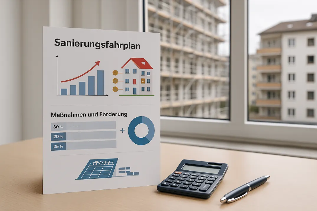Ein moderner Arbeitsplatz mit Tablet, Taschenrechner und Stift vor einem Fenster mit Blick auf eine sanierte Wohnanlage in München. Symbolbild für strukturierte energetische Sanierungsplanung und Förderkoordination im Rahmen eines individuellen Sanierungsfahrplans (iSFP)