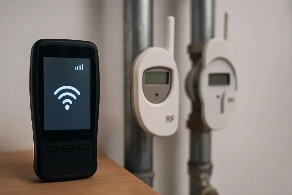 Funkablesung: Handgerät mit WLAN-Symbol vor digitalen Heiz- und Wasserzählern mit Antennen.