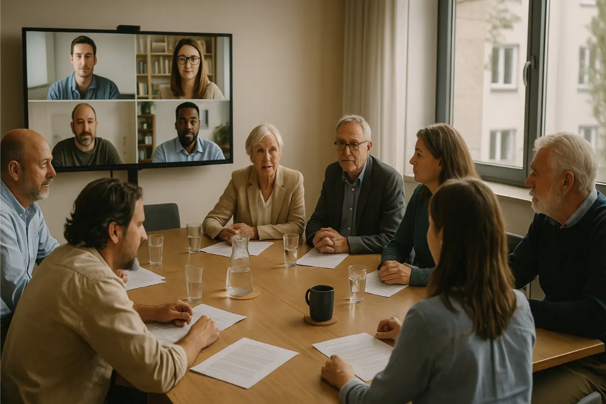 Hybride Eigentümerversammlung: Acht Personen am Tisch, vier weitere auf dem Monitor per Videokonferenz, Tageslicht.
