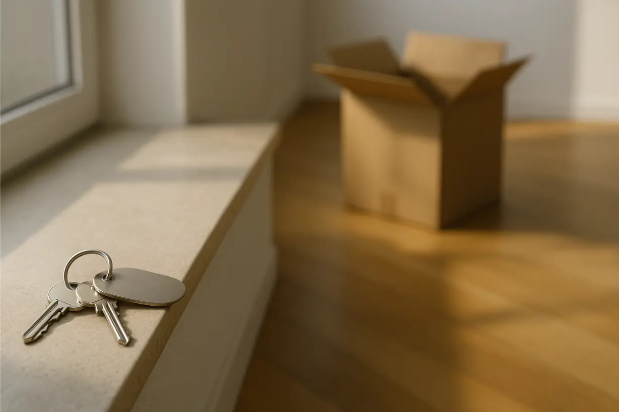 Schlüsselbund auf heller Fensterbank im weichen Vormittagslicht; im Hintergrund unscharf ein geöffneter Umzugskarton.