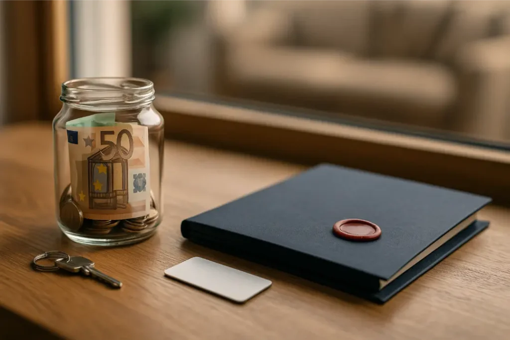 Mietkaution symbolisch: Glas mit Euro-Scheinen und Münzen, daneben Schlüsselbund und Mappe mit Siegel.
