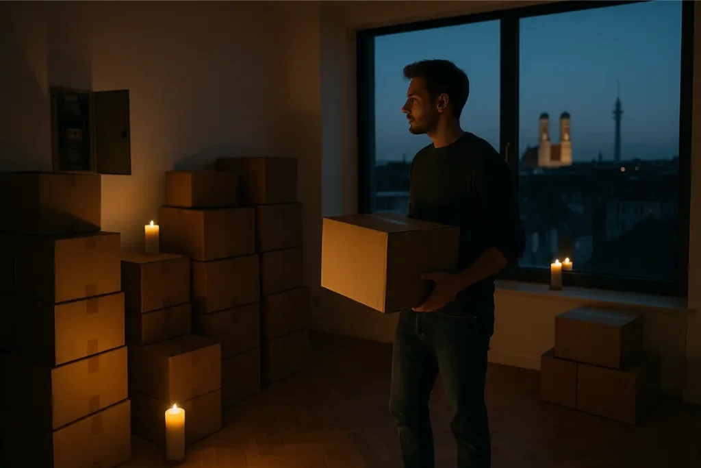 Mieter beim Umzug in dunkler Wohnung mit wenigen Kerzen; Blick auf Münchens Skyline, Stromkasten geöffnet.