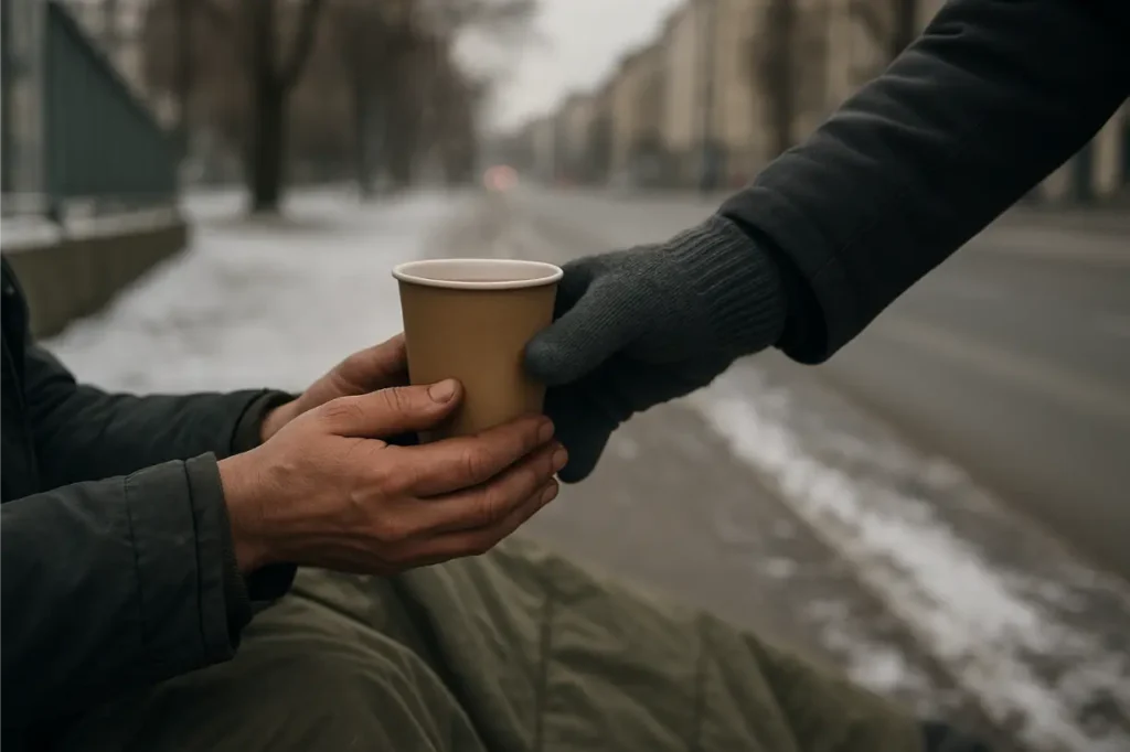 Zwei Hände übergeben draußen im Winter einen warmen Getränkebecher.
