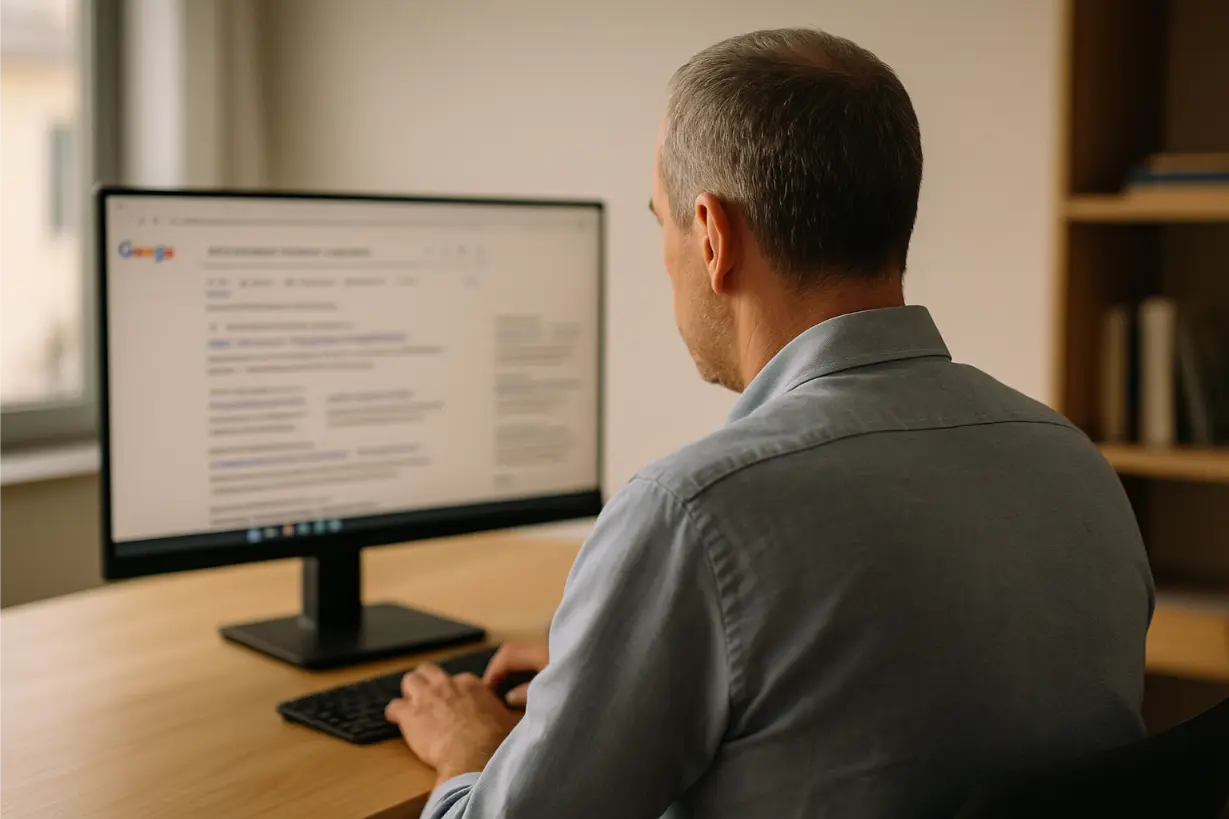 Mann von hinten am Computer; auf dem Monitor Suchergebnisse zu WEG-Verwalter-Angeboten.