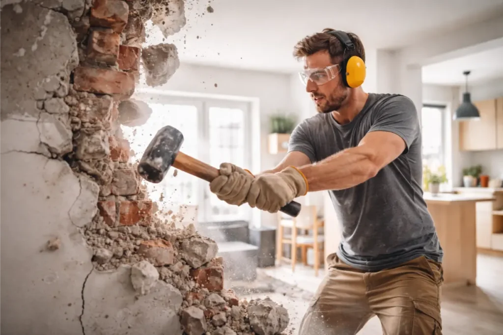 Mieter schlägt mit Vorschlaghammer eine Ziegelwand in einer Wohnung ein; Staub fliegt.