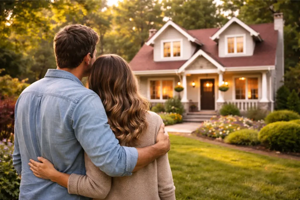 Paar betrachtet gemeinsam ein Traumhaus im Abendlicht