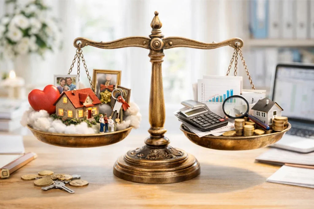 Messingwaage auf hellem Holztisch: links Hausmodell mit Herz und Familienfotos, rechts Unterlagen mit Diagrammen, Taschenrechner und Lupe.