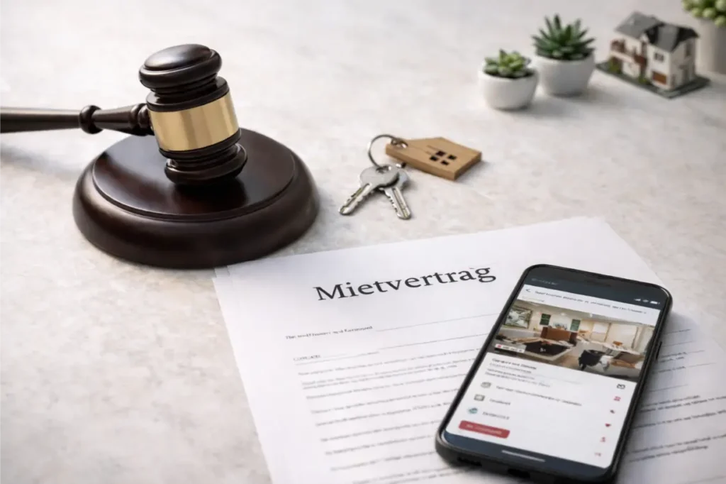 Mietvertrag mit Richterhammer, Schlüsseln und Smartphone als Symbol für das BGH-Urteil zur Untervermietung.