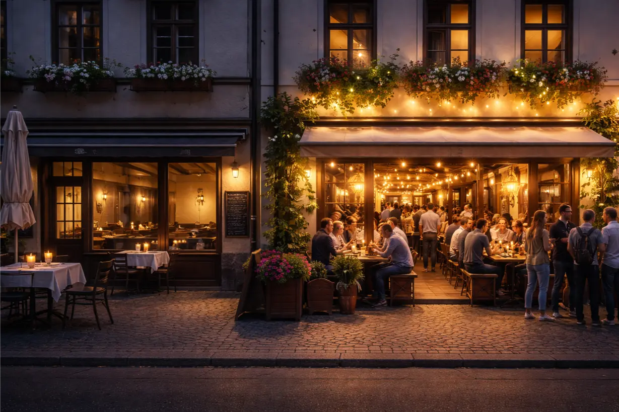 Straßenszene in München mit zwei Restaurants: links kaum Gäste, rechts gut besucht und hell beleuchtet