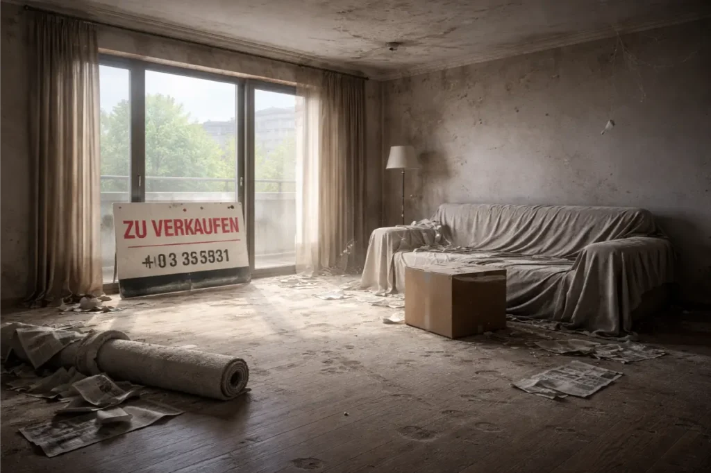 Staubiges, leerstehendes Wohnzimmer mit Verkaufsschild, wirkt lange unbewohnt