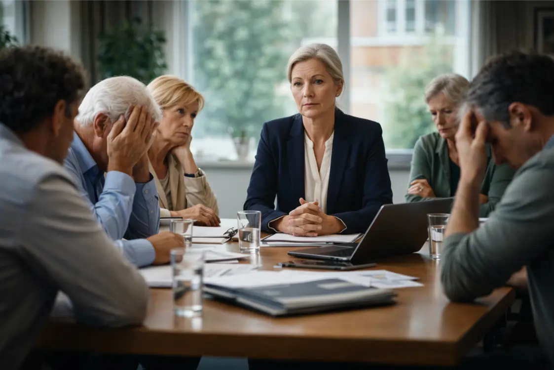 Eigentümerversammlung einer WEG mit erschöpften Teilnehmern, während eine Verwalterin ruhig und sachlich moderiert