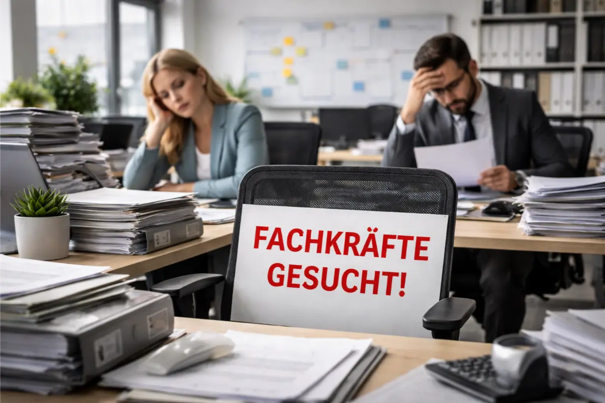 Leerer Büroarbeitsplatz mit Schild „Fachkräfte gesucht“ im Vordergrund, während zwei Mitarbeitende im Hintergrund zwischen Akten und Unterlagen überlastet wirken.