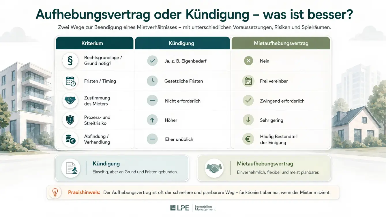 Infografik von LPE Immobilien Management zum Vergleich von Kündigung und Mietaufhebungsvertrag mit Kriterien wie Grund, Fristen, Zustimmung, Prozessrisiko und Abfindung.